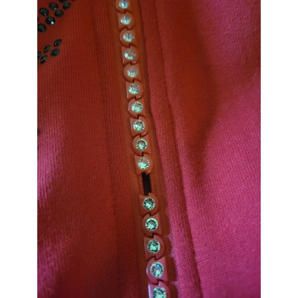 Tia Designs Red Rhinestone Snowman Zip Up Holiday Christmas‎ Sweatshirt Large